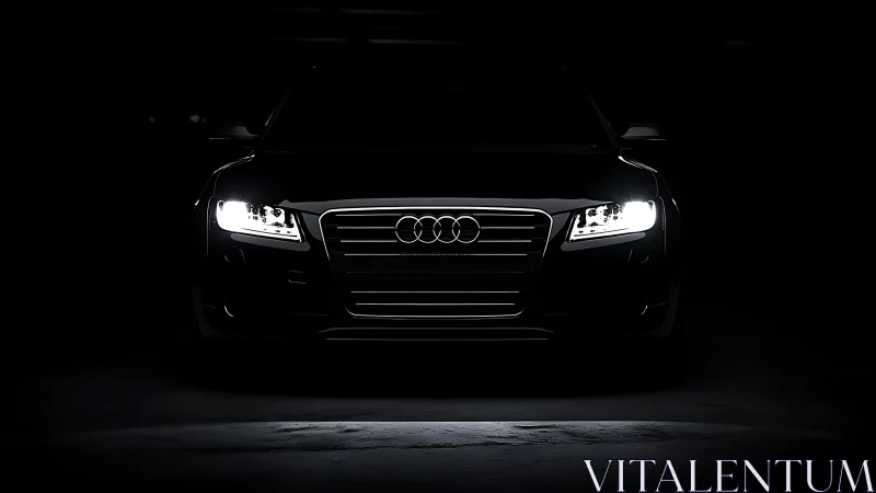 Front view of dark car with illuminated headlights.