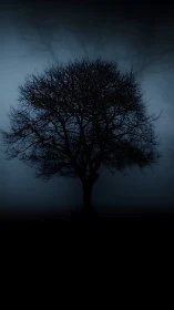 Solitary leafless tree silhouette in dense blue night fog.