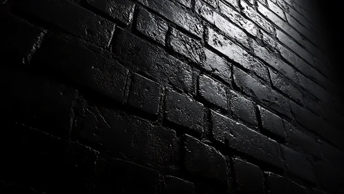 Dark wet brick wall in dramatic low side lighting view.