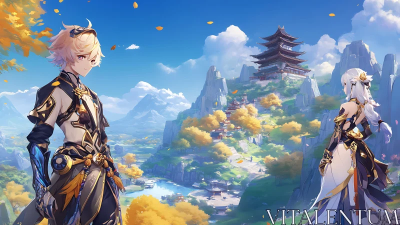 Gentle warriors pause above a sunlit mountain sanctuary.