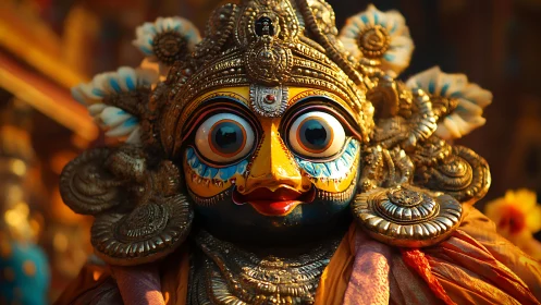 Ornate deity mask gleams in warm temple festival light