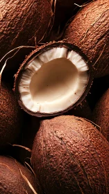 Macro close up of halved coconut amid whole textured shells