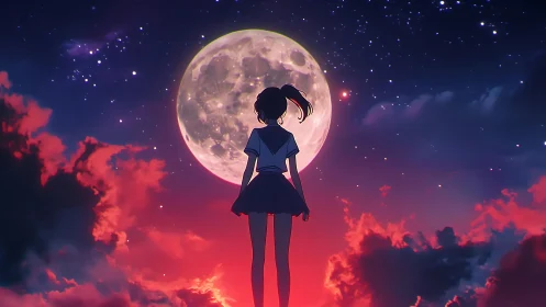 Moonlit schoolgirl gazes up at a dreamy, star-filled sky