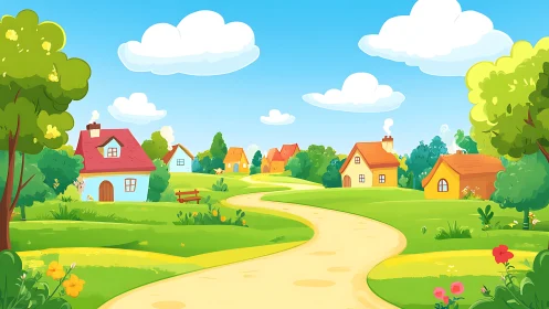 Sunlit village lane curls lazily through candy-colored cottages