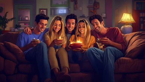 Five individuals on sofa with bowls in residential interior.