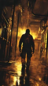 Figure walks through industrial corridor under backlit steam