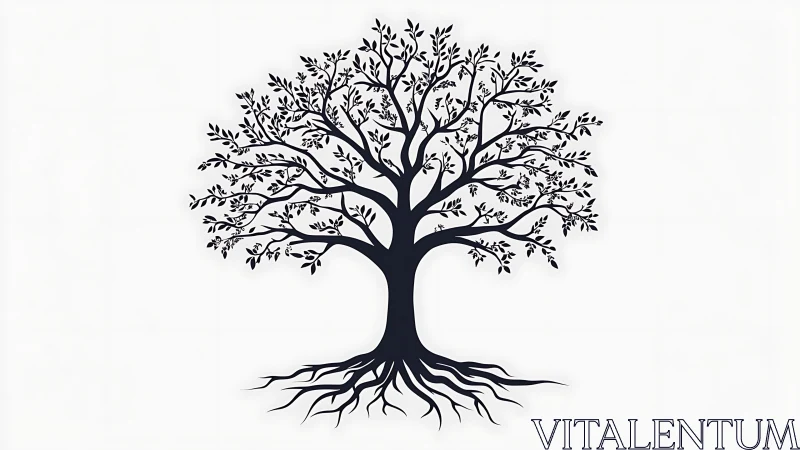 Vector silhouette tree diagram with branching canopy and exposed roots