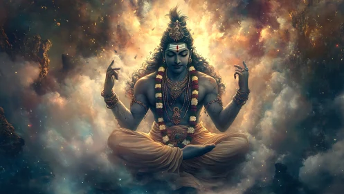 Divine blue deity meditating amid cosmic swirling clouds.