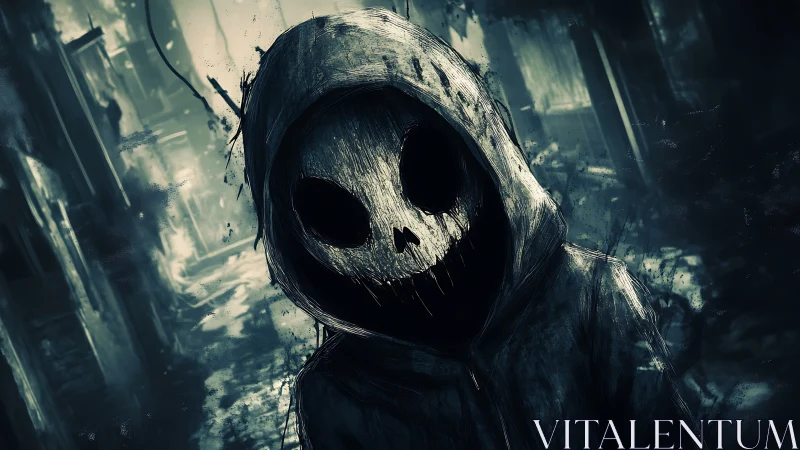 Hooded skull-faced figure stalks desolate urban ruins