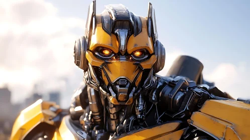 Yellow combat mech close-up with glowing amber optics.