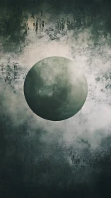 Lone celestial sphere hangs in misty, textured darkness