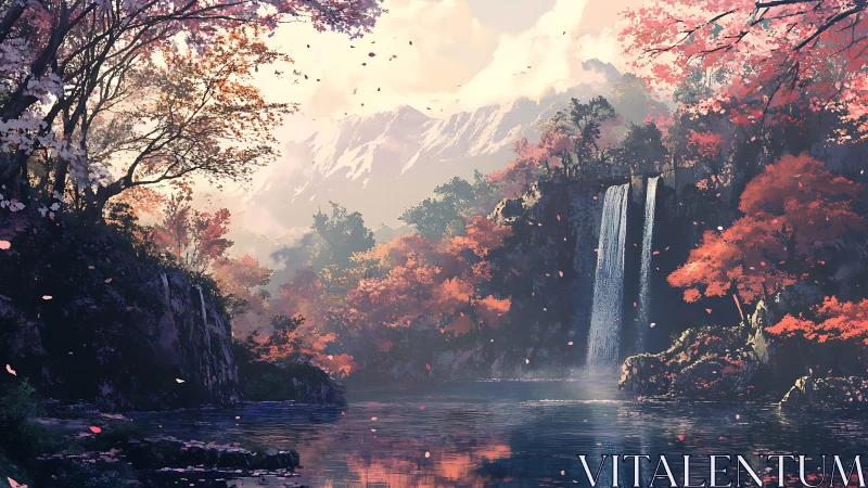 Waterfall cuts through forested canyon beneath distant mountains