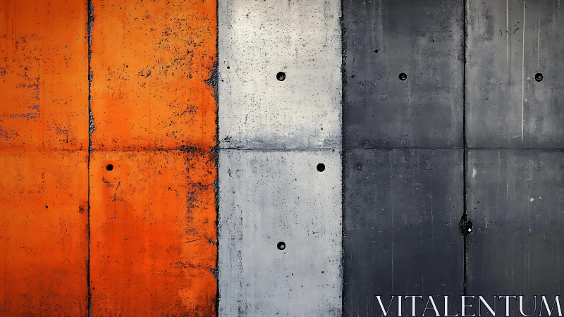 Industrial concrete wall with orange, gray, and black color blocks.