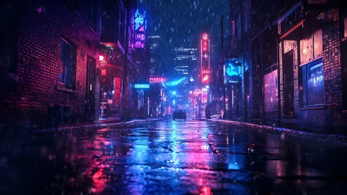 Neon city street reflects colorful lights on wet pavement at night