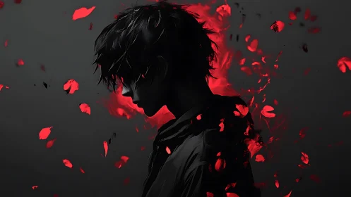 Shadowed youth exhales a storm of ember-bright petals