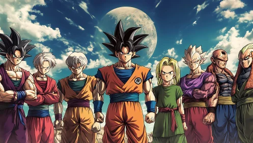 Iconic anime warriors assembled beneath looming full moon.