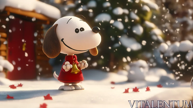 Cartoon beagle holding bell in softly lit snowy courtyard