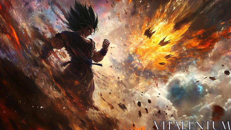 Explosive anime warrior amid cosmic firestorm clouds.