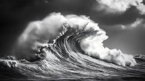 Monochrome ocean breaker under dense clouded skies.