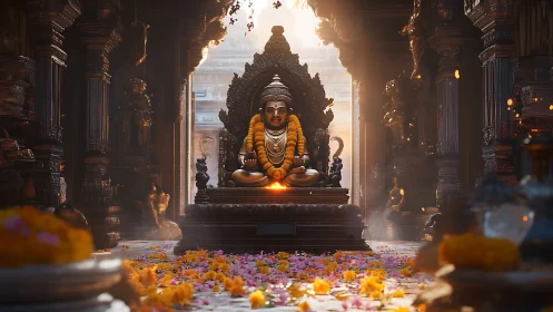Stone deity statue sits in ornate temple lit by soft sunlight