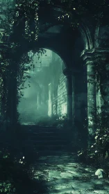 Verdant gothic archway framing misted ruin corridor.
