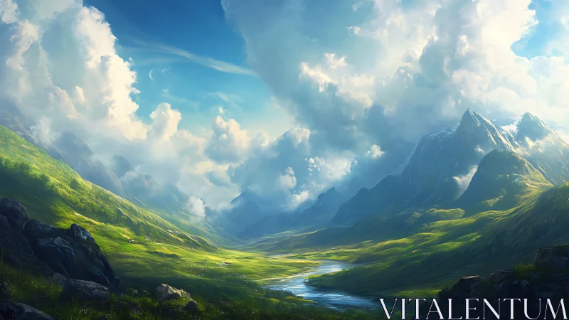 Sunlit mountain valley with calm river and drifting clouds.