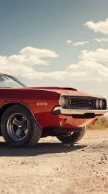 Vintage red muscle car front end under bright desert sun.