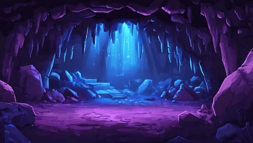 Hidden crystal cavern glows with gentle blue and violet light