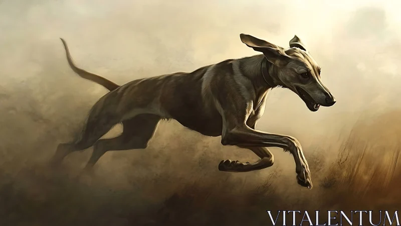Digitally rendered sighthound sprinting through volumetric dust