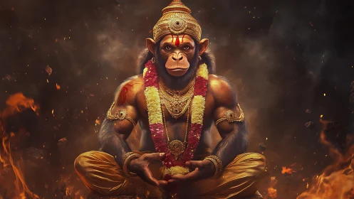 Divine monkey warrior meditates in roaring cosmic firestorm.