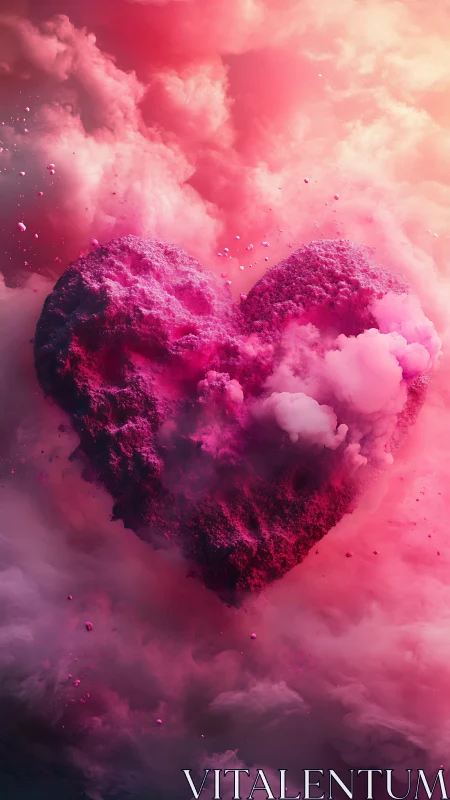 Heart-shaped powder explosion in vibrant pink mist