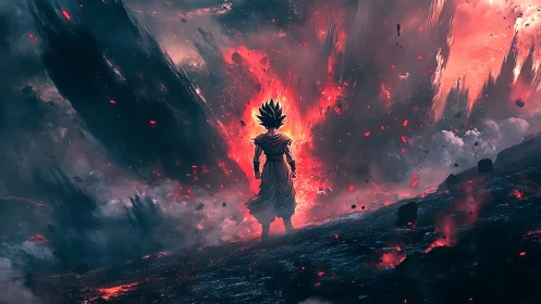 Lone warrior stands calm as fiery cosmic storm erupts