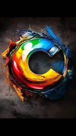 Chromatic circular form with textured paint effects on dark field.