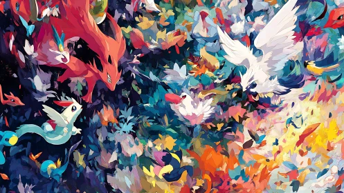 Colorful elemental creatures swirl in a lively sky dance