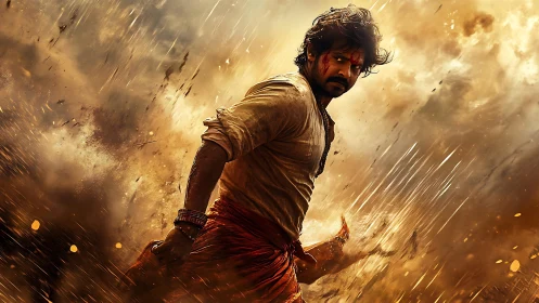 Warrior strides through swirling golden storm of sparks