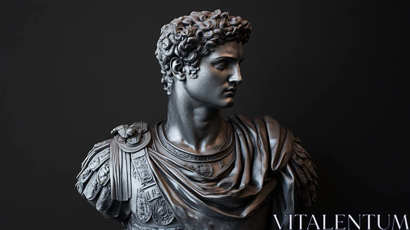 High-contrast 3D render of classical Roman bust with ornate armor