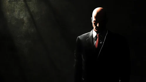 Bald man in suit and red tie in stark directional lighting.