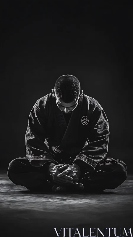 Martial artist bows in meditative black and white portrait.