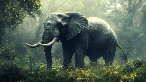 Gentle forest giant wandering through soft morning mist.