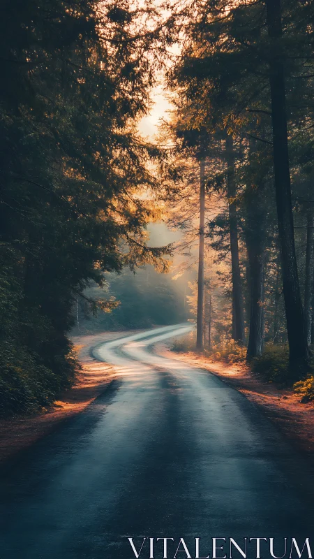 Winding Forest Road at Golden Hour.