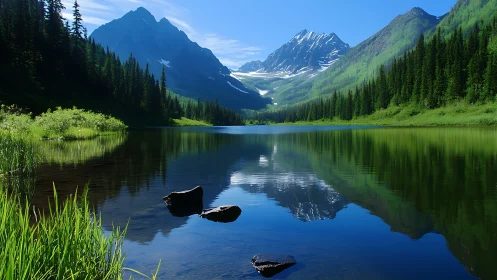 Mountain lake reflects snowcapped peaks in calm emerald silence.