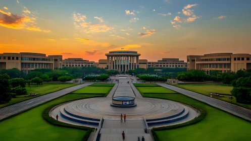 Symmetrical civic campus under sunset-illuminated axial perspective.