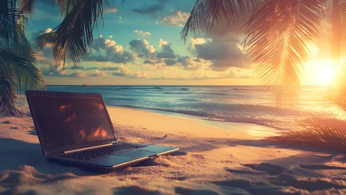 Laptop on tropical beach at sunset symbolizing remote work.