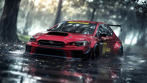 Red rally car slicing through rain on reflective street.