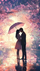 Couple Shelters Under Umbrella in Falling Cherry Blossoms.