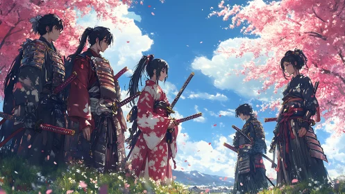 Samurai friends sharing quiet spring vows beneath sakura.