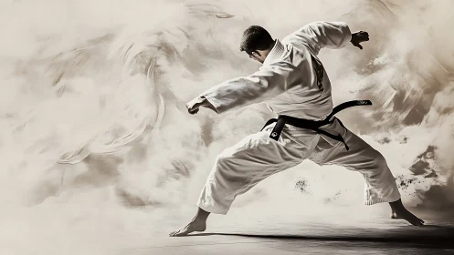 Martial artist executes dynamic side kick in stylized dust field.