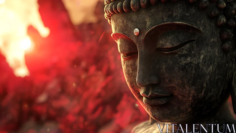 Gentle Buddha statue glows calmly in warm red sunset light