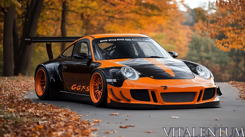 Track-tuned orange-black Porsche GT car in autumn forest.