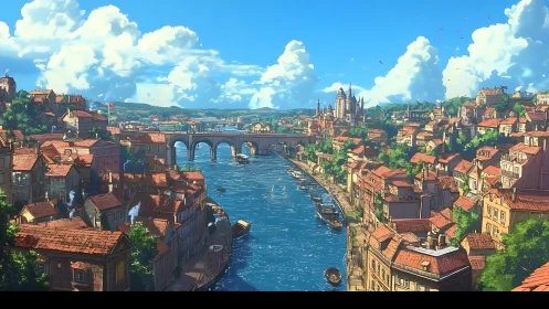 Riverside terraced cityscape under cumulus sky with detailed lighting